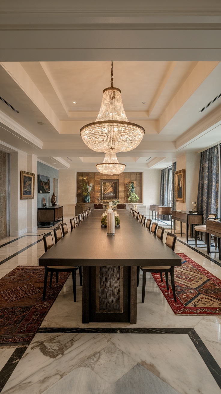 Luxurious dining room with a long table, elegant chandeliers, and unique flooring.