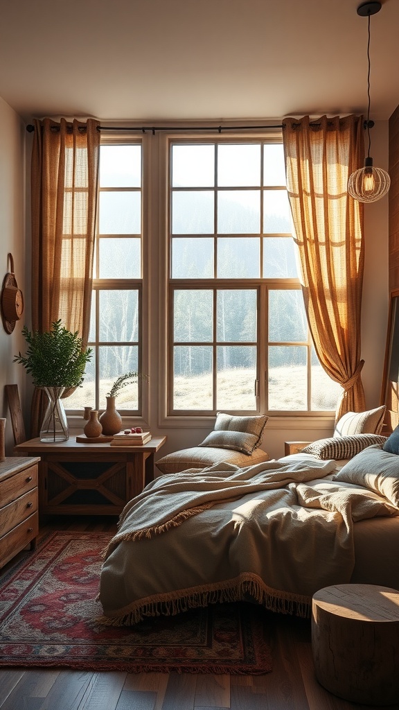 A modern western bedroom featuring large windows with warm-toned curtains and rustic decor.