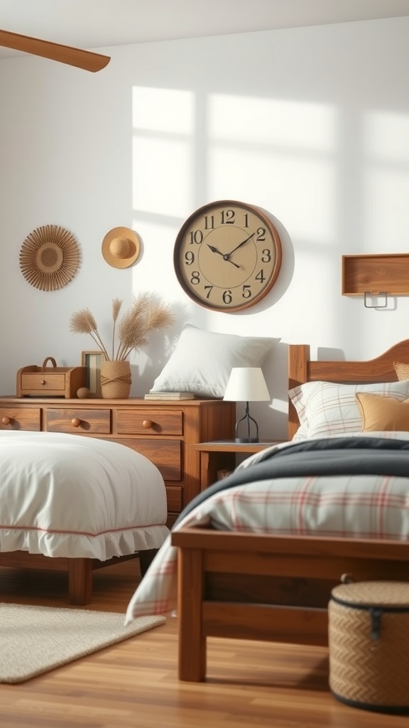 A cozy bedroom featuring vintage-inspired wooden furniture with a modern touch.