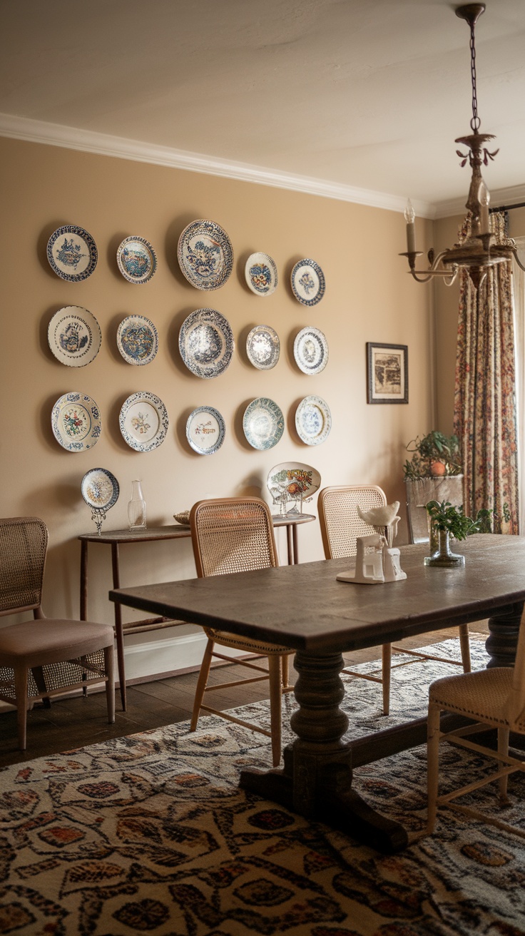 A cozy dining room featuring a vintage plate wall display with various decorative plates.