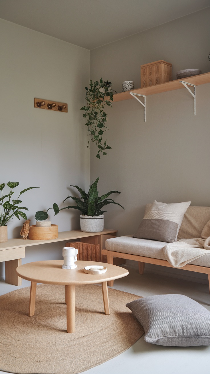 A cozy living room featuring a blend of Wabi-Sabi and Japandi styles with natural materials.