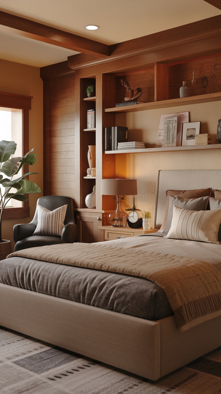 A minimal western bedroom featuring warm wood accents with a cozy bed, shelves, and a plant.