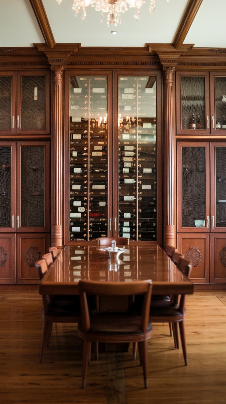 A luxurious dining room featuring elegant wood finishes, a long table, and a wine display.